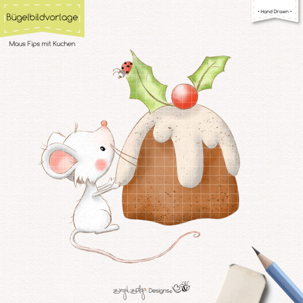 Bügelbildvorlage Maus Fips mit Kuchen [Digital]