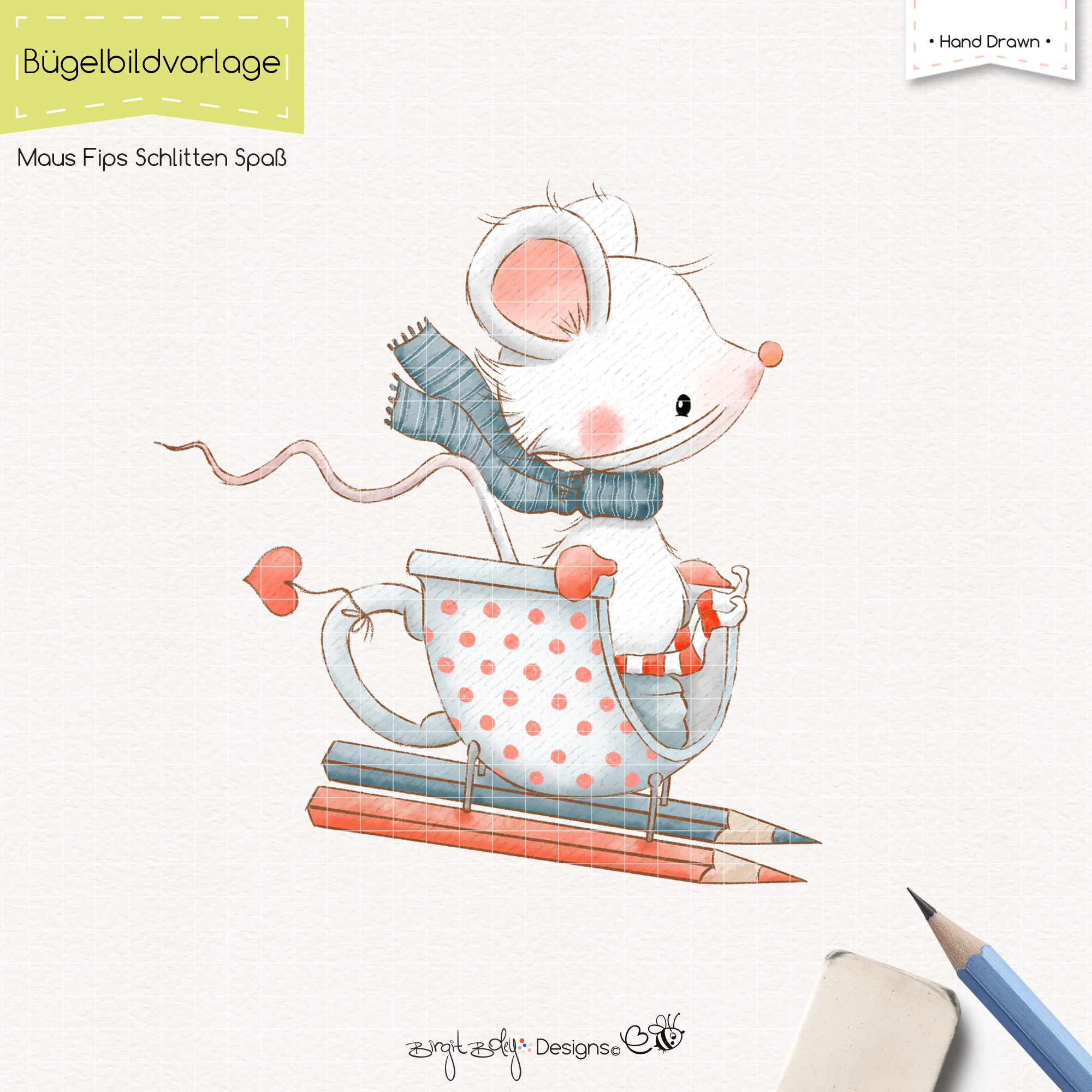 Bügelbildvorlage Maus Fips Schlitten Spaß [Digital]