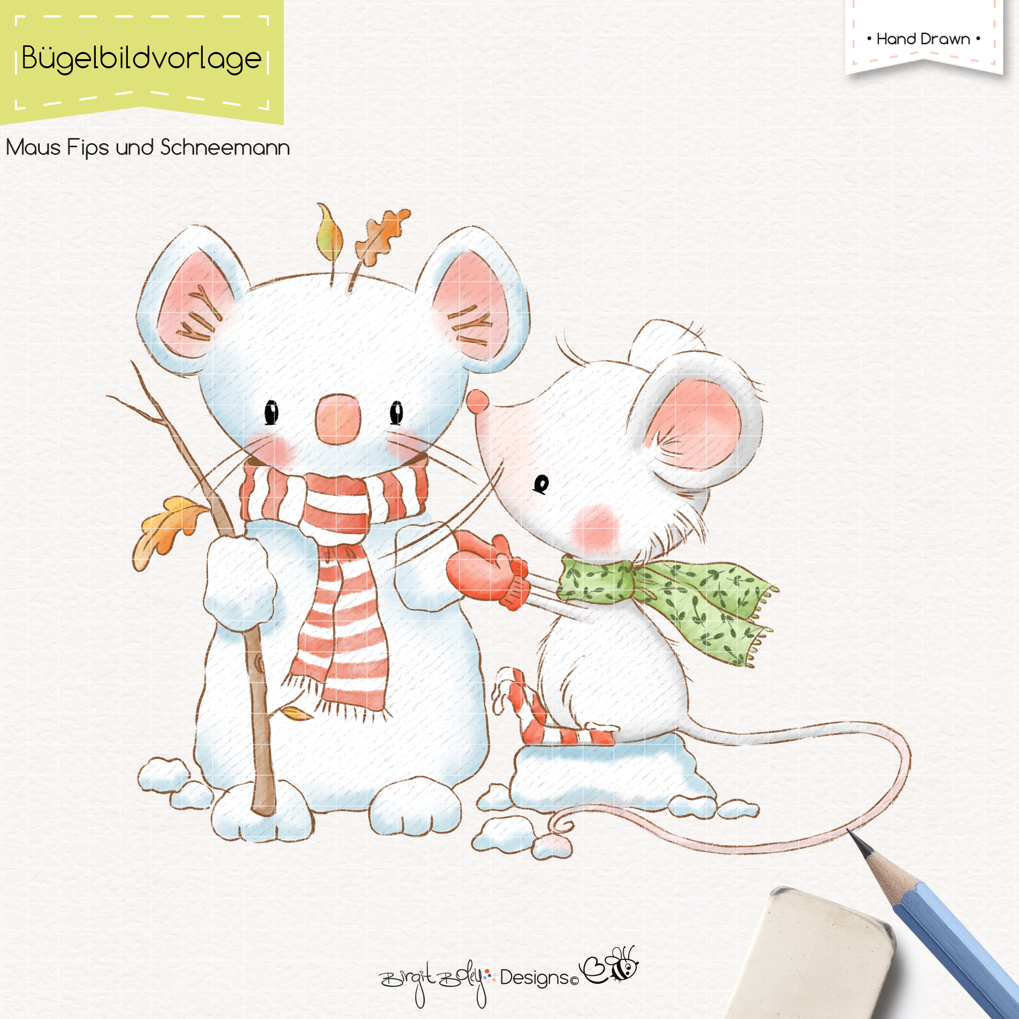 Bügelbildvorlage Maus Fips und Schneemann [Digital]