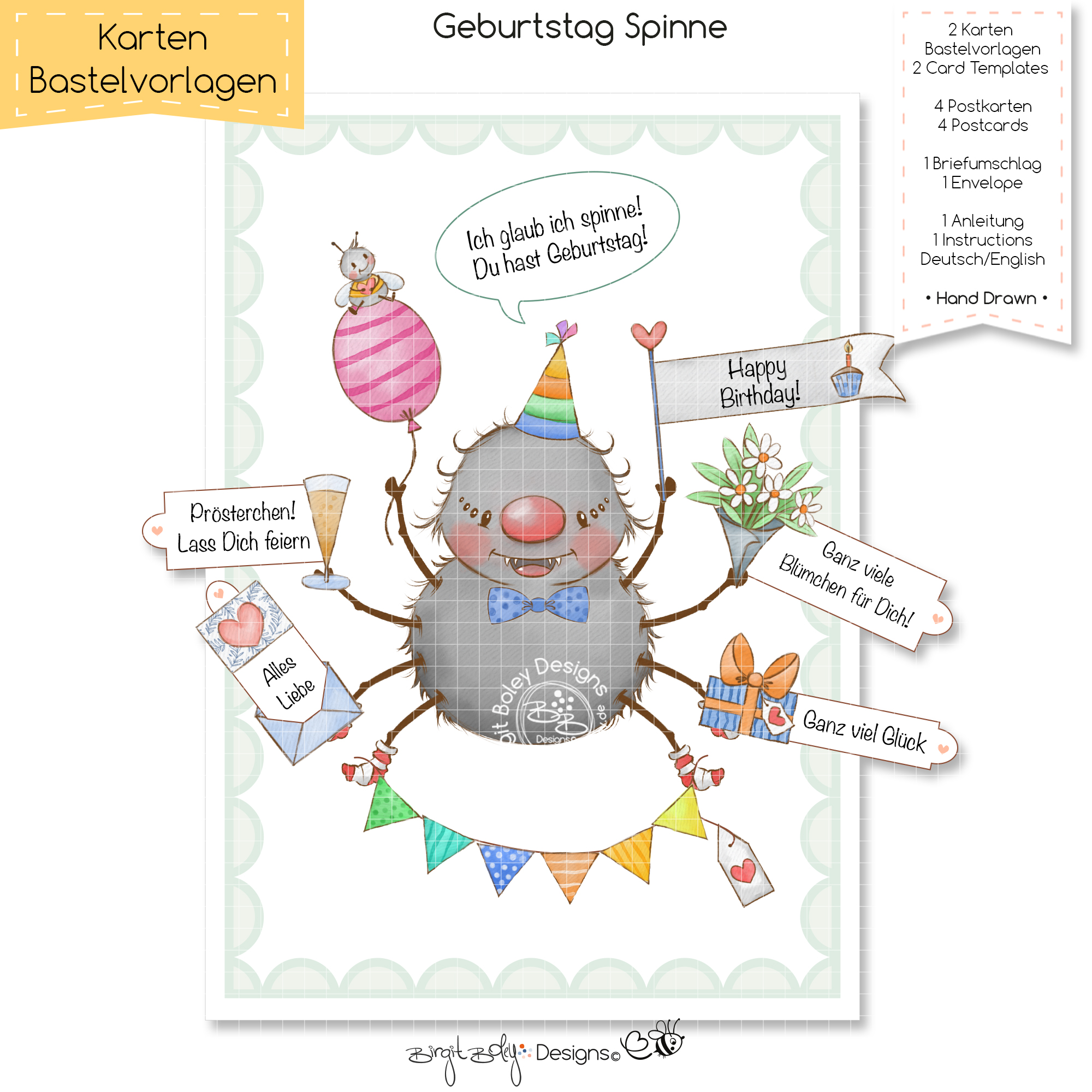 Karten Bastelvorlage Geburtstag Spinne [Digital]