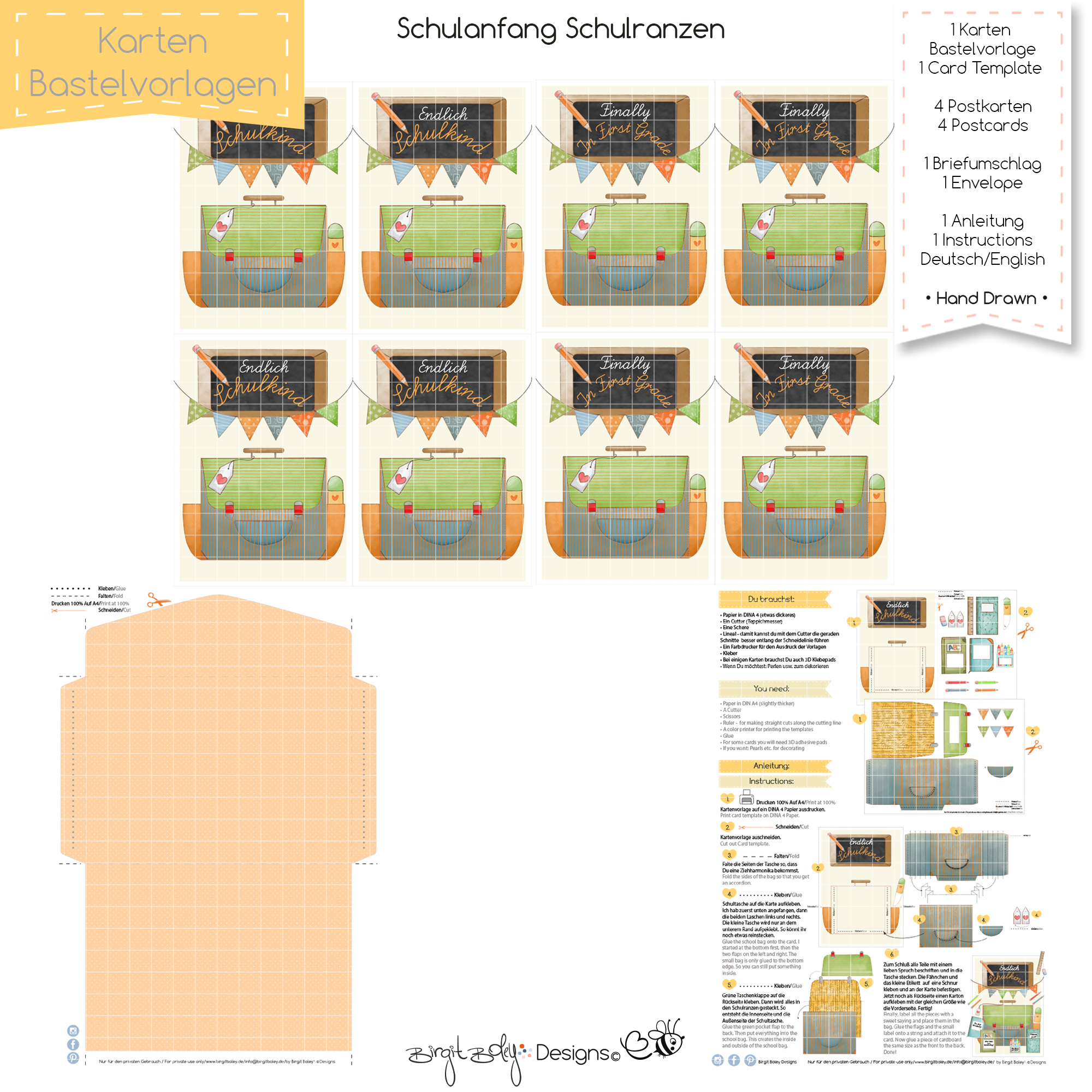 Karten Bastelvorlage Schulanfang Ranzen [Digital] – Bild 3