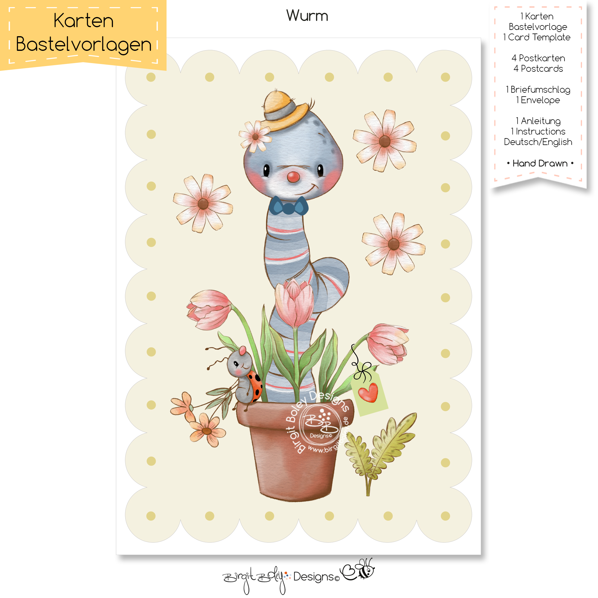 Karten Bastelvorlage Geburtstag Wurm [Digital]