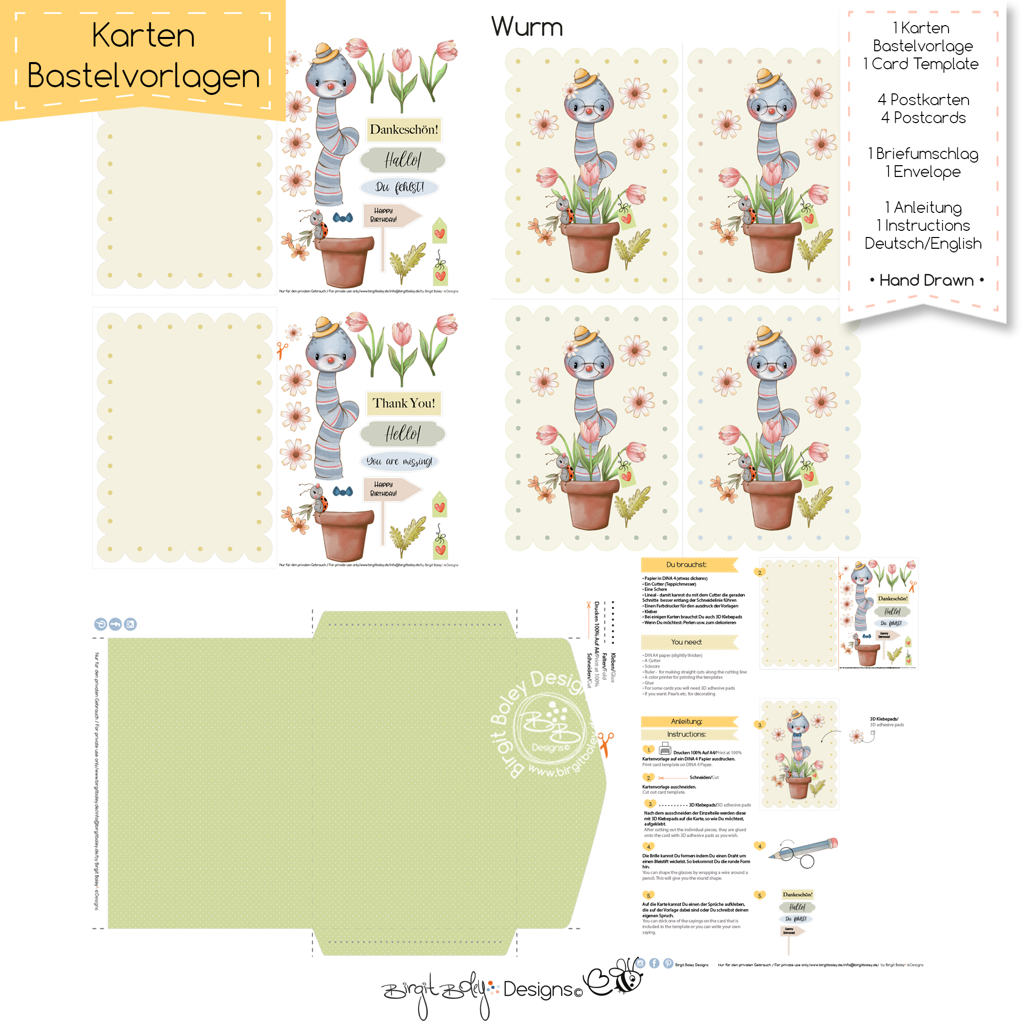 Karten Bastelvorlage Geburtstag Wurm [Digital] – Bild 2