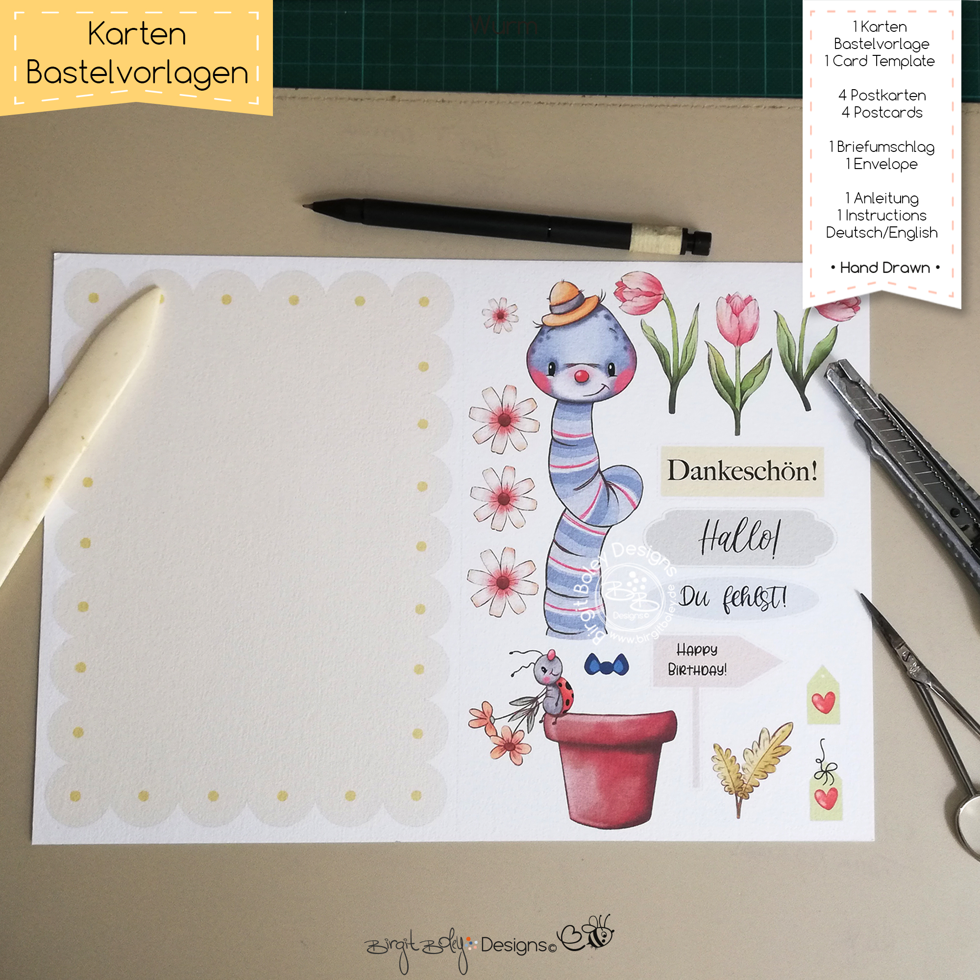 Karten Bastelvorlage Geburtstag Wurm [Digital] – Bild 3