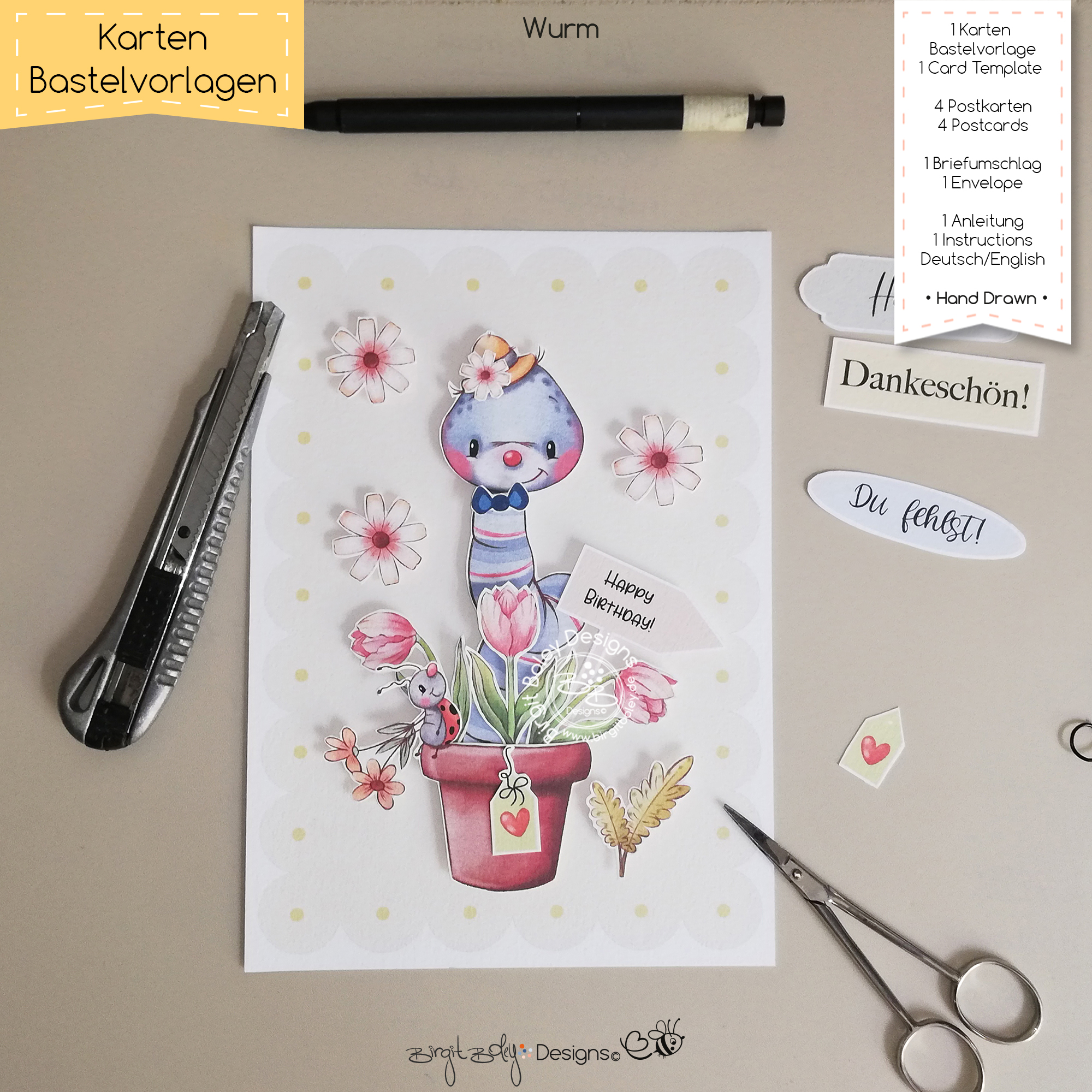 Karten Bastelvorlage Geburtstag Wurm [Digital] – Bild 4