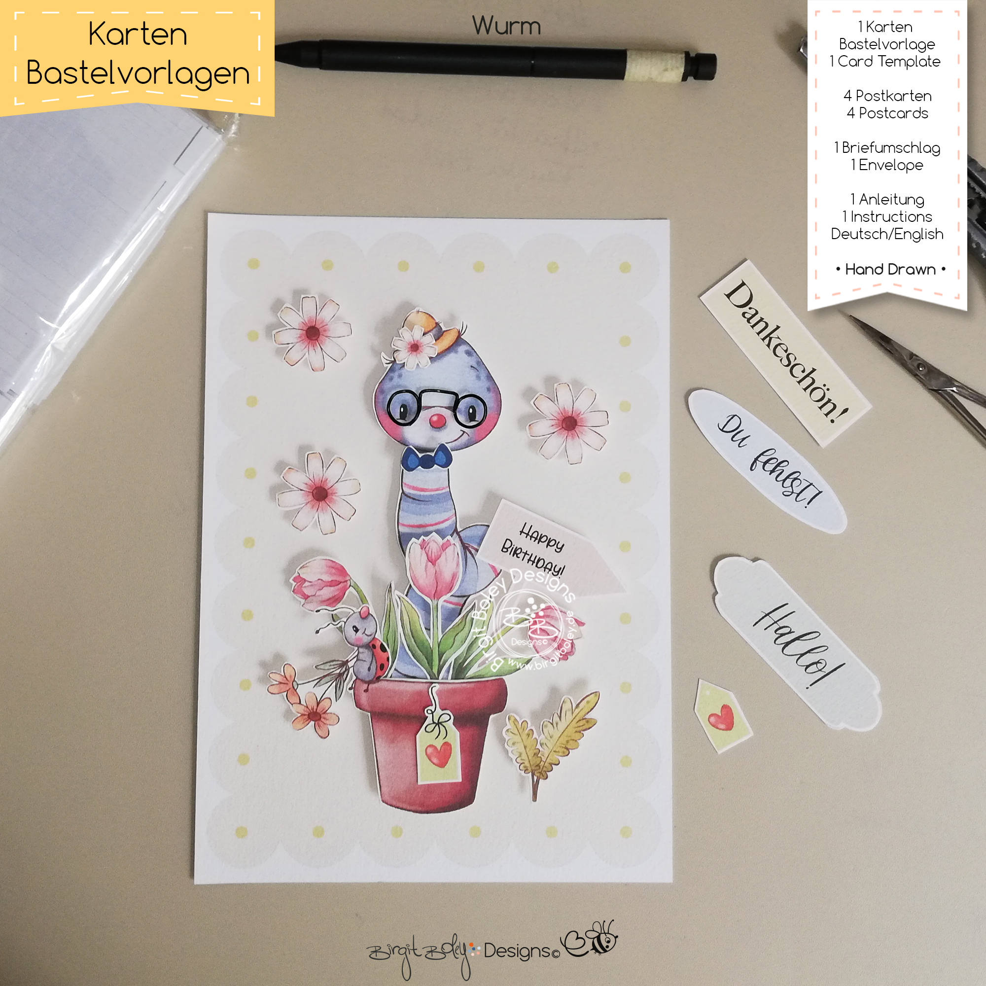 Karten Bastelvorlage Geburtstag Wurm [Digital] – Bild 5