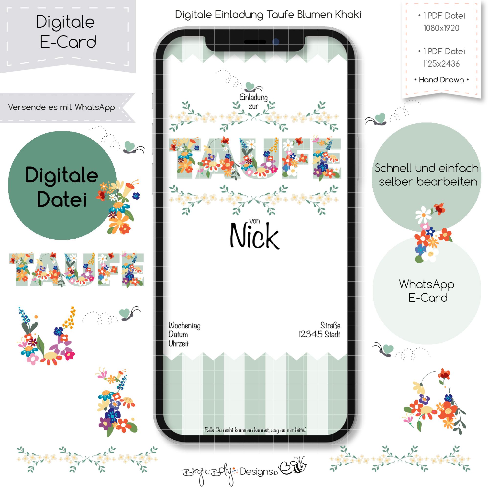 Ecard Taufe Blumen Khaki [Digital]