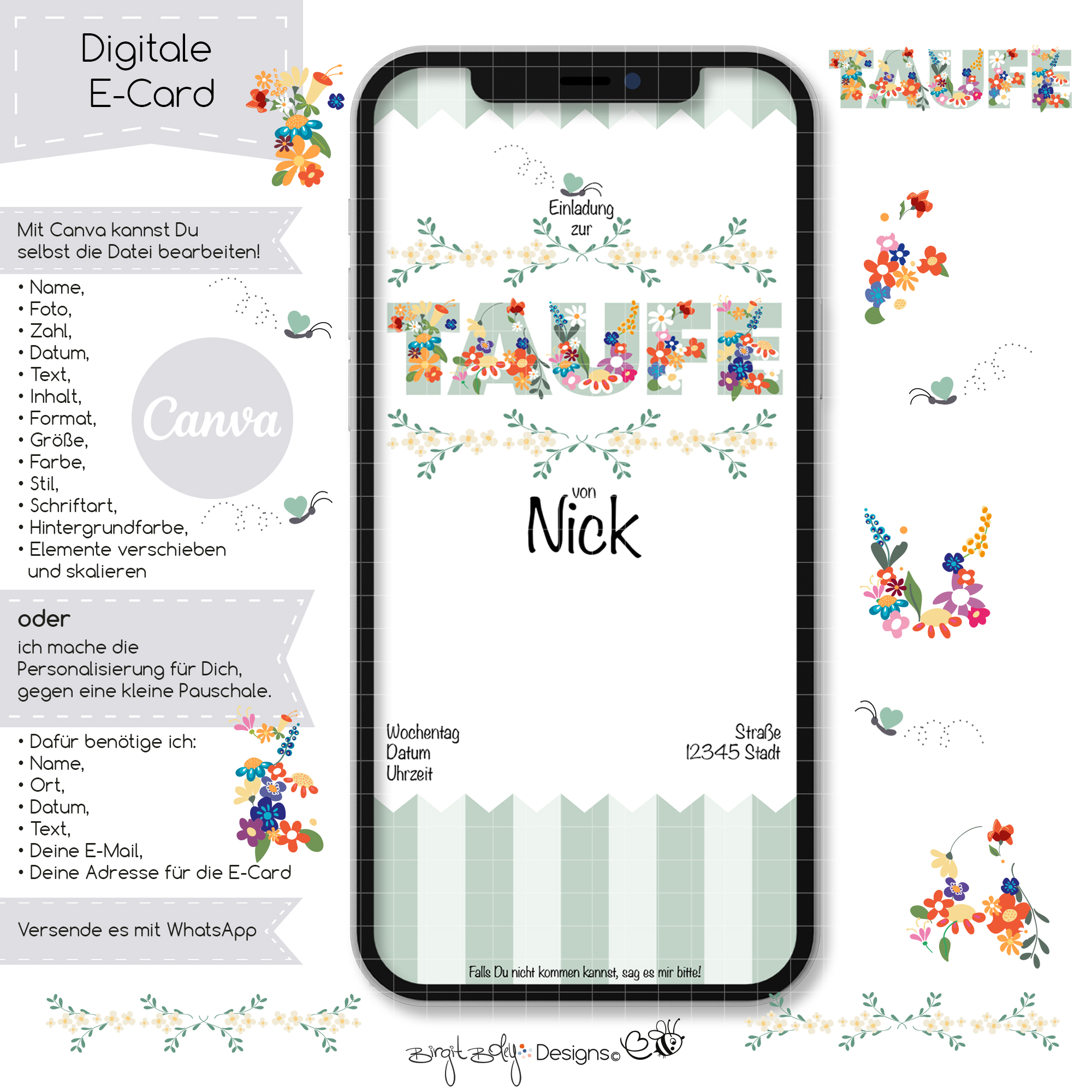 Ecard Taufe Blumen Khaki [Digital] – Bild 3