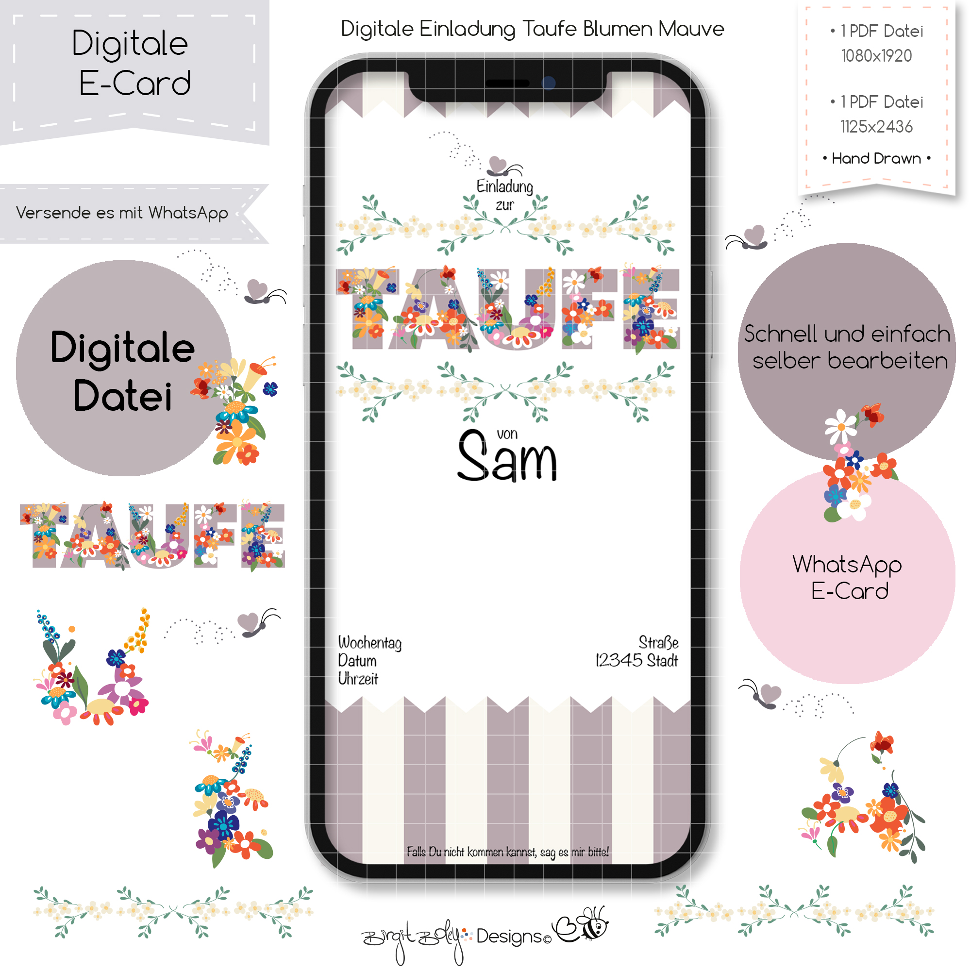 Ecard Taufe Blumen Mauve [Digital]