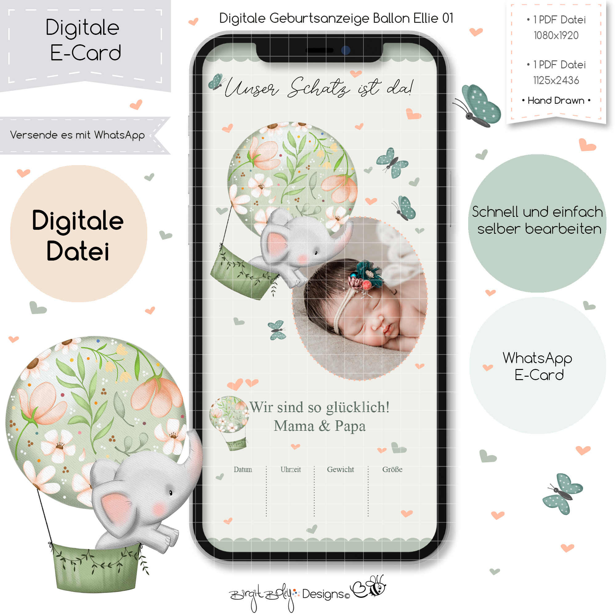 Ecard Geburtsanzeige Ballon Ellie 01 [Digital]