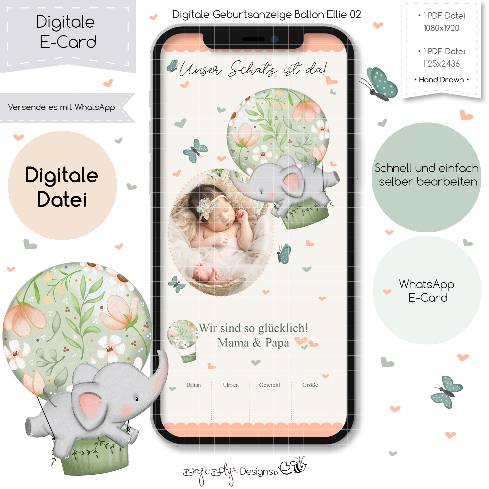 Ecard Geburtsanzeige Ballon Ellie 02 [Digital]