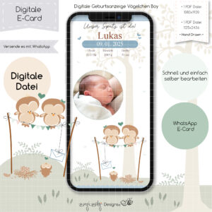 Ecard Geburtsanzeige Vögelchen Boy [Digital]