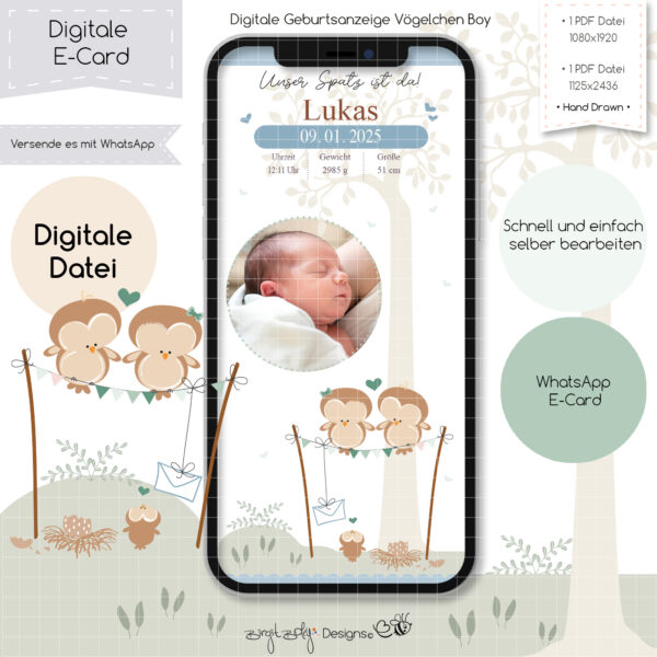 Ecard Geburtsanzeige Vögelchen Boy [Digital]