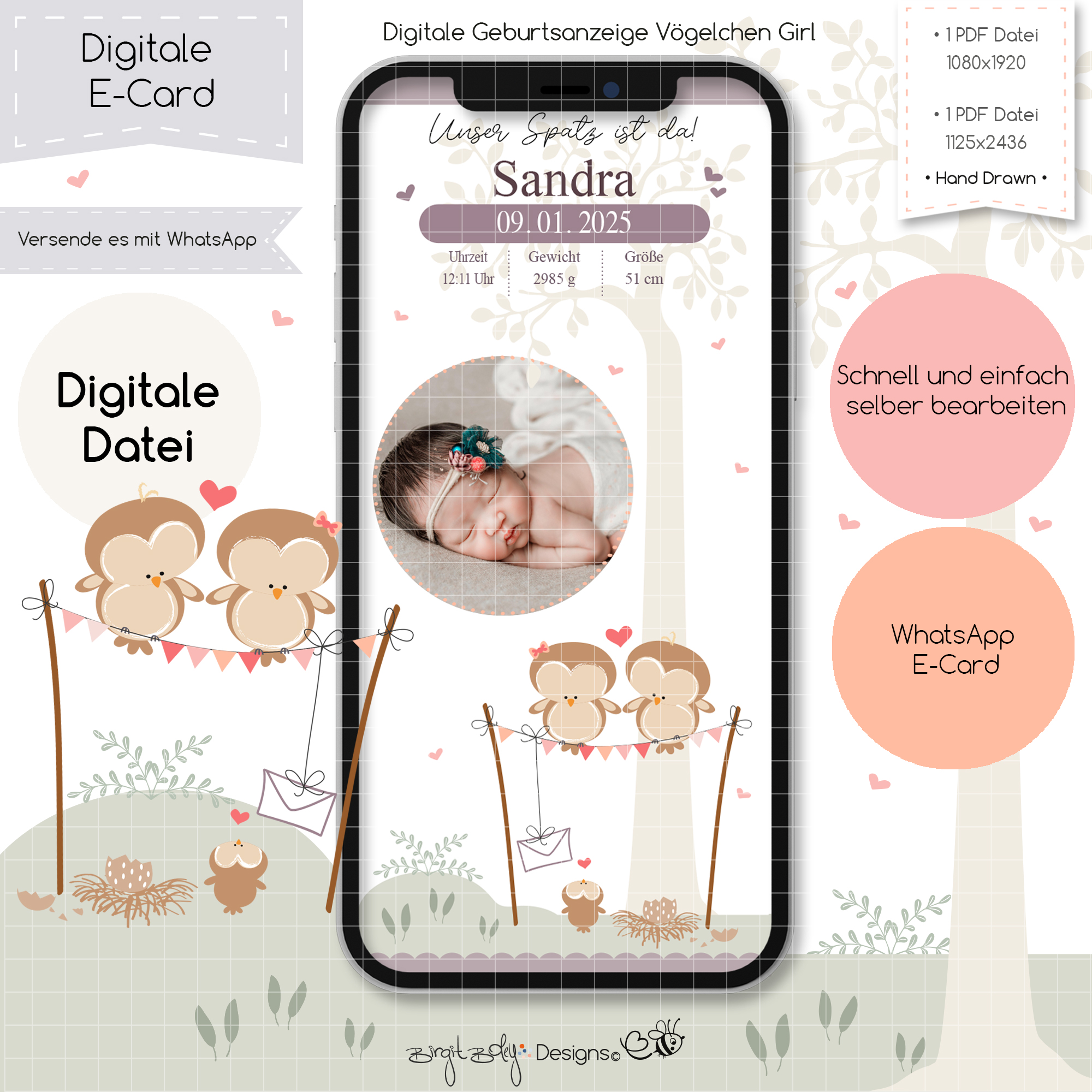Ecard Geburtsanzeige Vögelchen Girl [Digital]