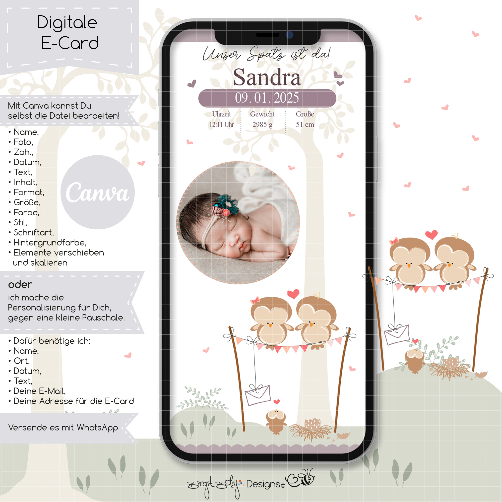 Ecard Geburtsanzeige Vögelchen Girl [Digital] – Bild 3